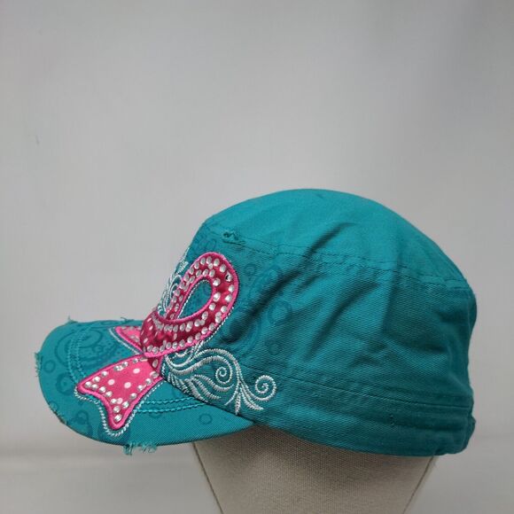 Cancer Awareness Pink Ribbon Cadet Army Cap Greenish-Blue One Size Distressed - Picture 3 of 8